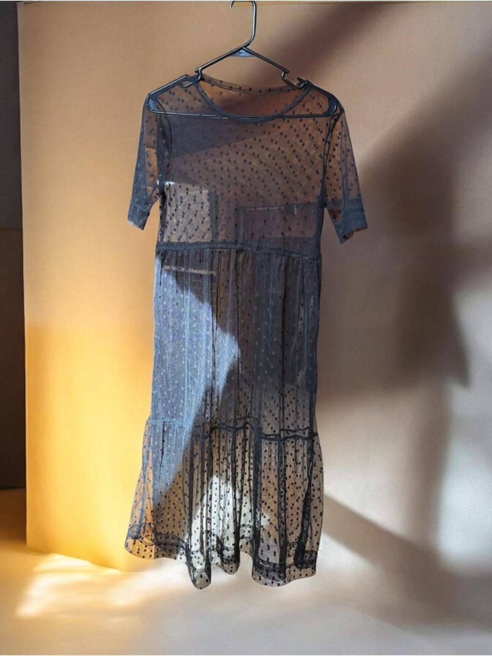 Sheer Polka Dot Midi Dress in Black
